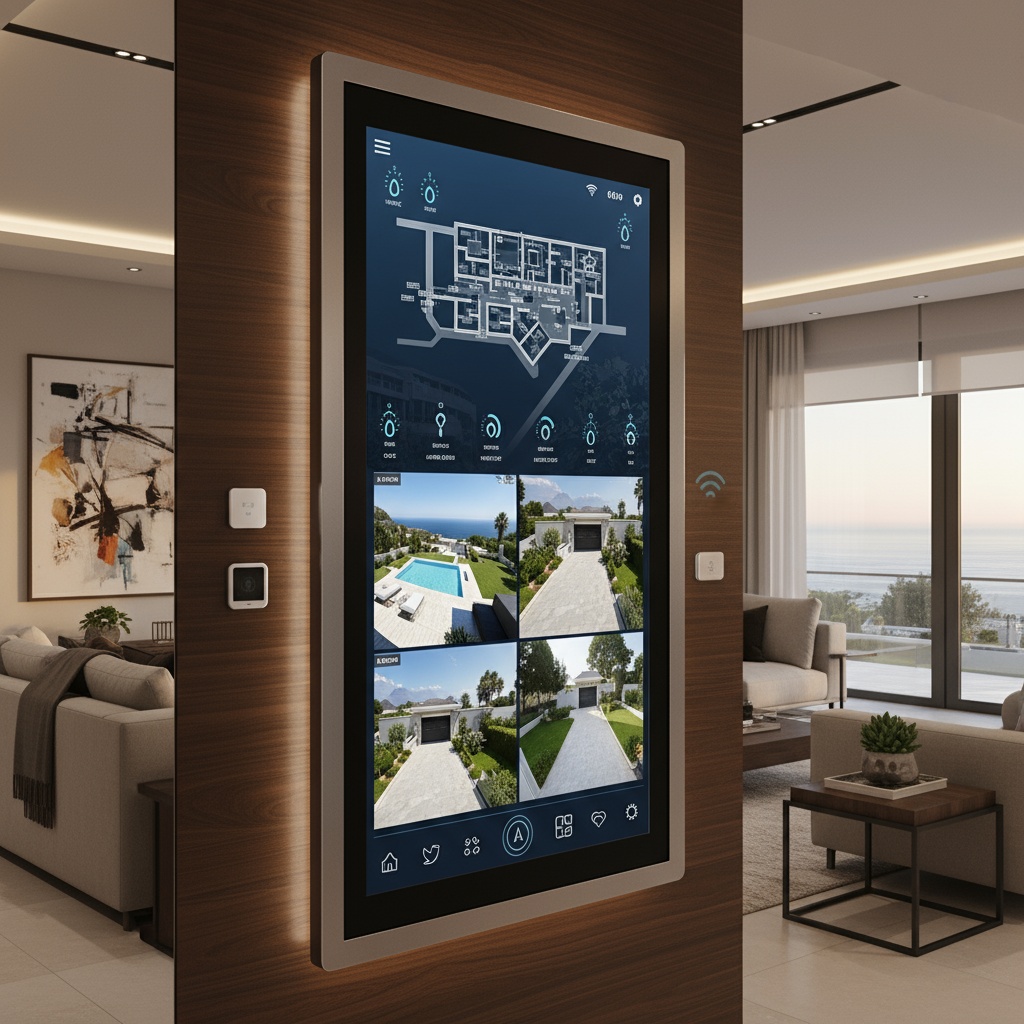 Smart home automation control panel with IoT temperature sensors and CCTV integration in Cape Town residential estate